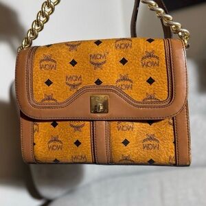 Vintage MCM Visetos Women's Tan and Brown Shoulder Bag